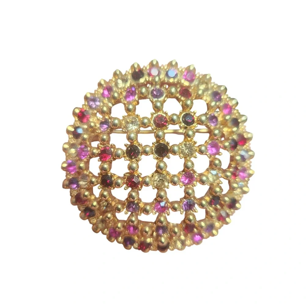 Vintage Gold Tone Round Lattice Brooch Pink Purple Rhinestone Circle‎ Pin